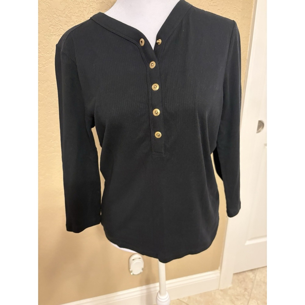 Ralph Lauren Black Label Black Ribbed Henley, 3/4 Sleeves , Snaps, M, Quiet Lux‎